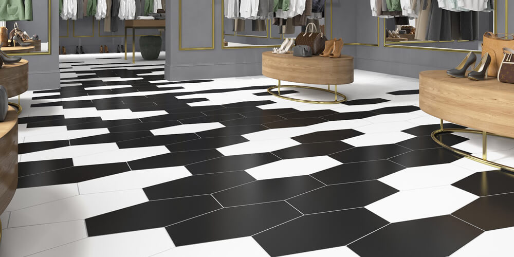 Showcase Commercial Space with black and white mosaic tiles