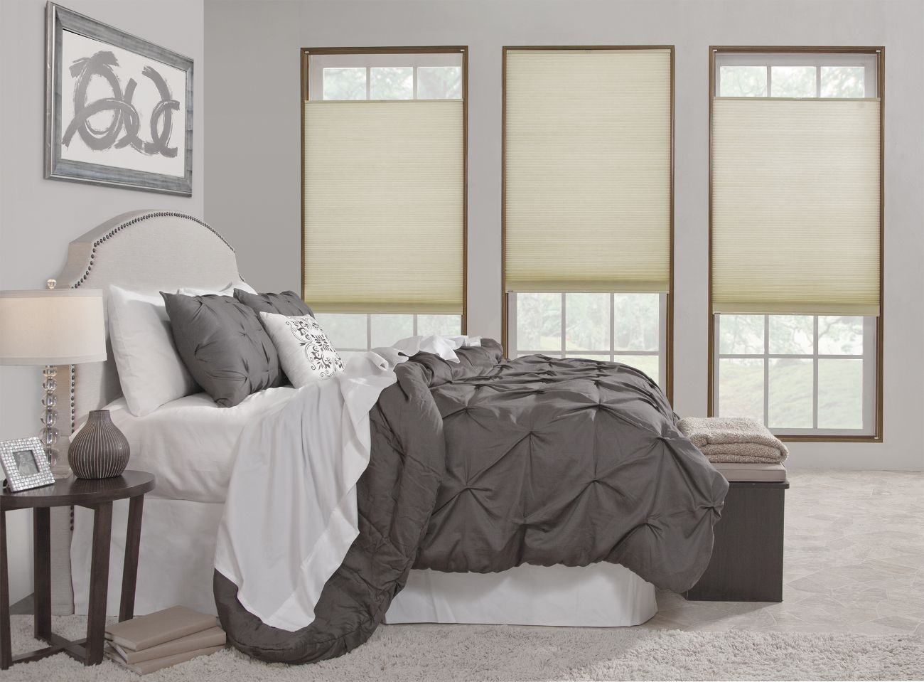 Honeycomb window shades in bedroom