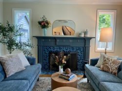blue fireplace surround tiles in a modern home in portland oregon