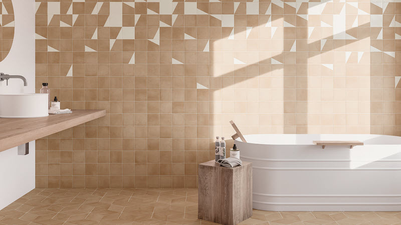 Hexagons are also classics. Yet, they can't possibly look boring combined with unusually patterned abstract square tile!
