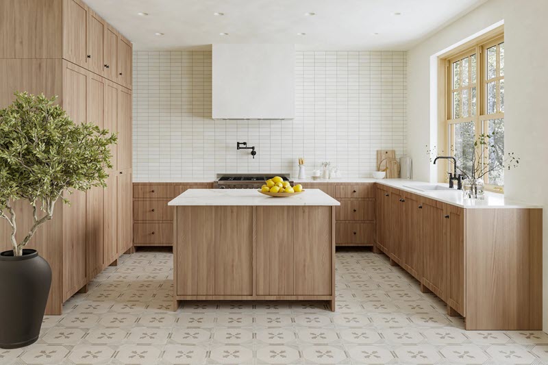 The square floor tile pattern in the kitchen below anchors the cabinetry and the activity.