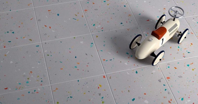 Square tile can showcase the influence of terrazzo.