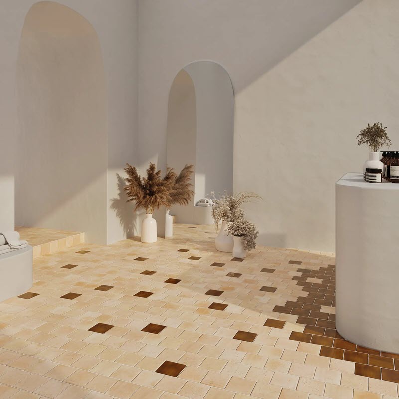 Pops of floor color work magic with these square tiles.