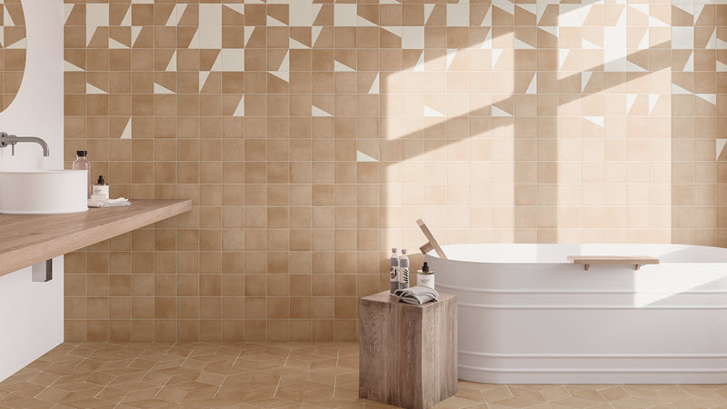 Hexagon tiles add dimension, beautifully paired with colorful square tiles.