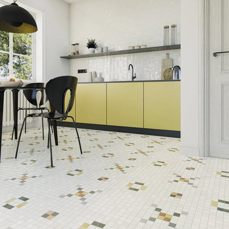 A unique floor pattern created by alternating small square tiles in different colors.